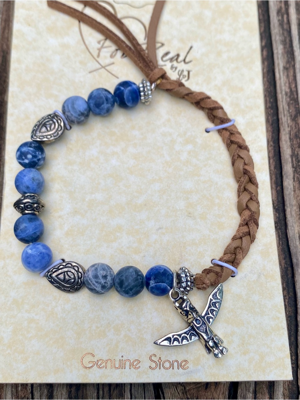 Beaded Blue Stone & Braided Tan Leather Bracelet with Silver Totem Charm